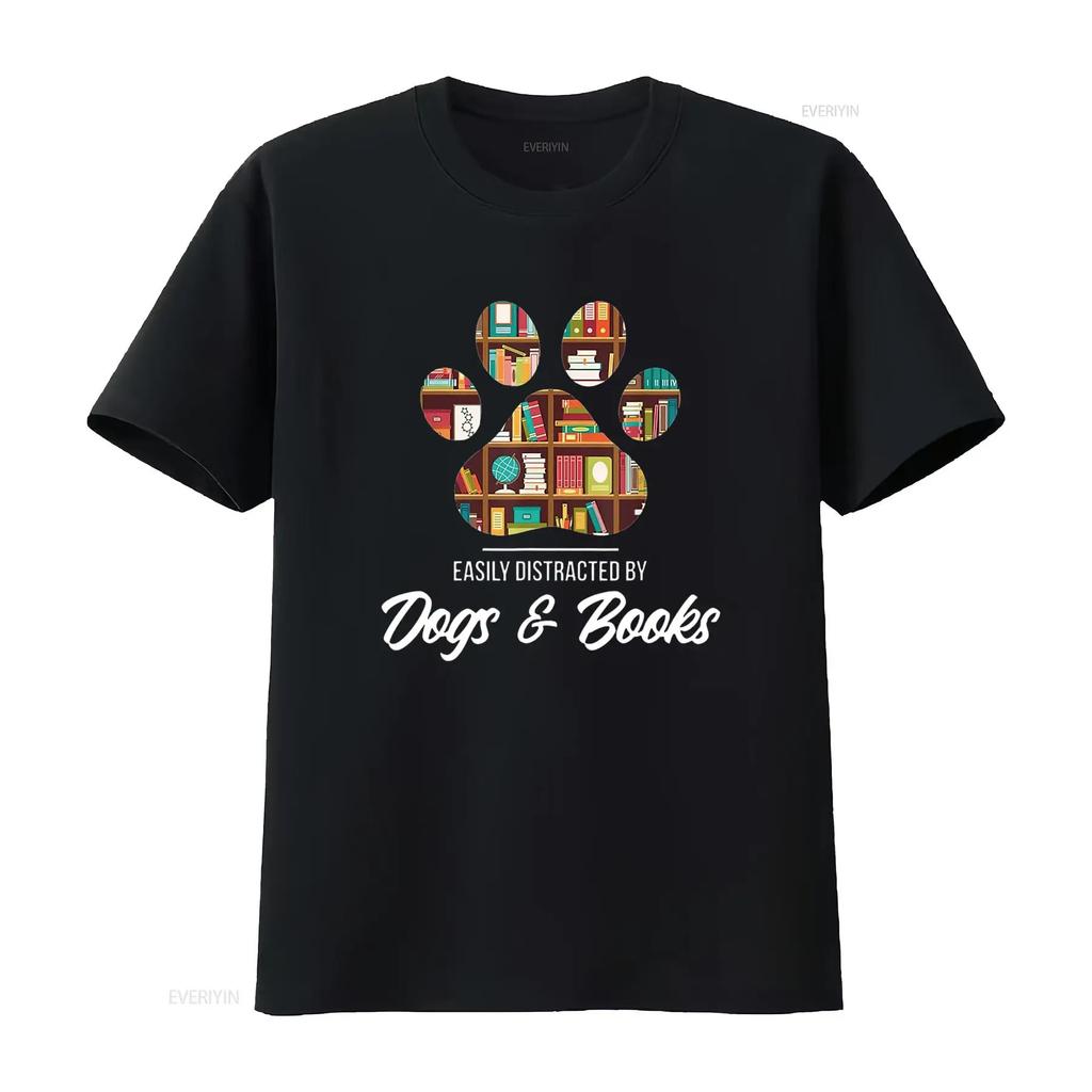 Easily Distracted By Dogs And Books Animal Lover T Shirt vintage Washed fashion Top For Everyday Wear homme Breathable