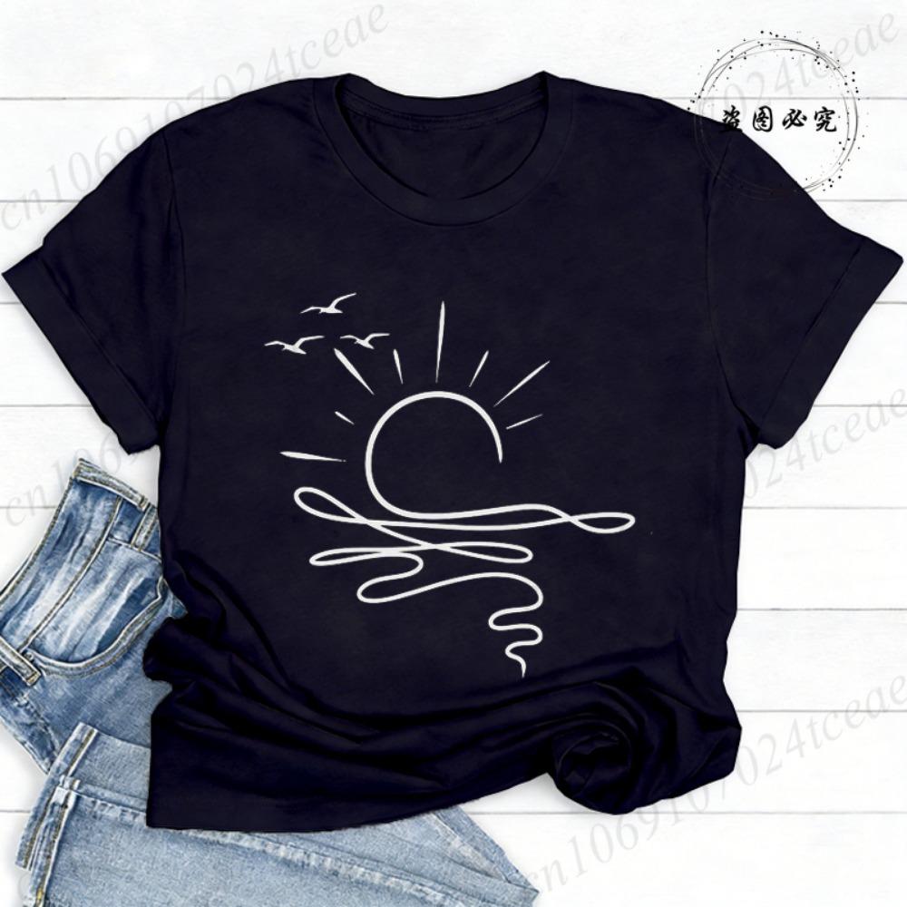Sun Ocean Shirt Graphic Boho Summer T Shirts Trendy Beach Tee Cute Minimalist Summer T-Shirts Short Sleeve Trip Women's Shirts