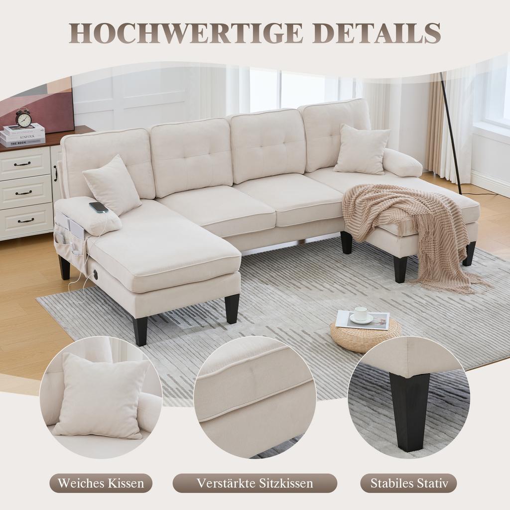 Large U-shaped 4-seater sofa, soft linen fabric, modern backrest, two chaise lounges, stable feet, cozy seat cushions, decorative cushions, Beige