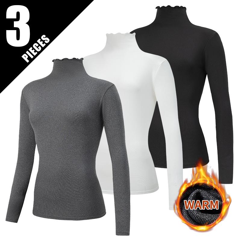 3Piece Autumn And Winter Women's Fashionable Versatile High Neck Top With Fungus Edge Comfortable And Versatile Warm T-shirt