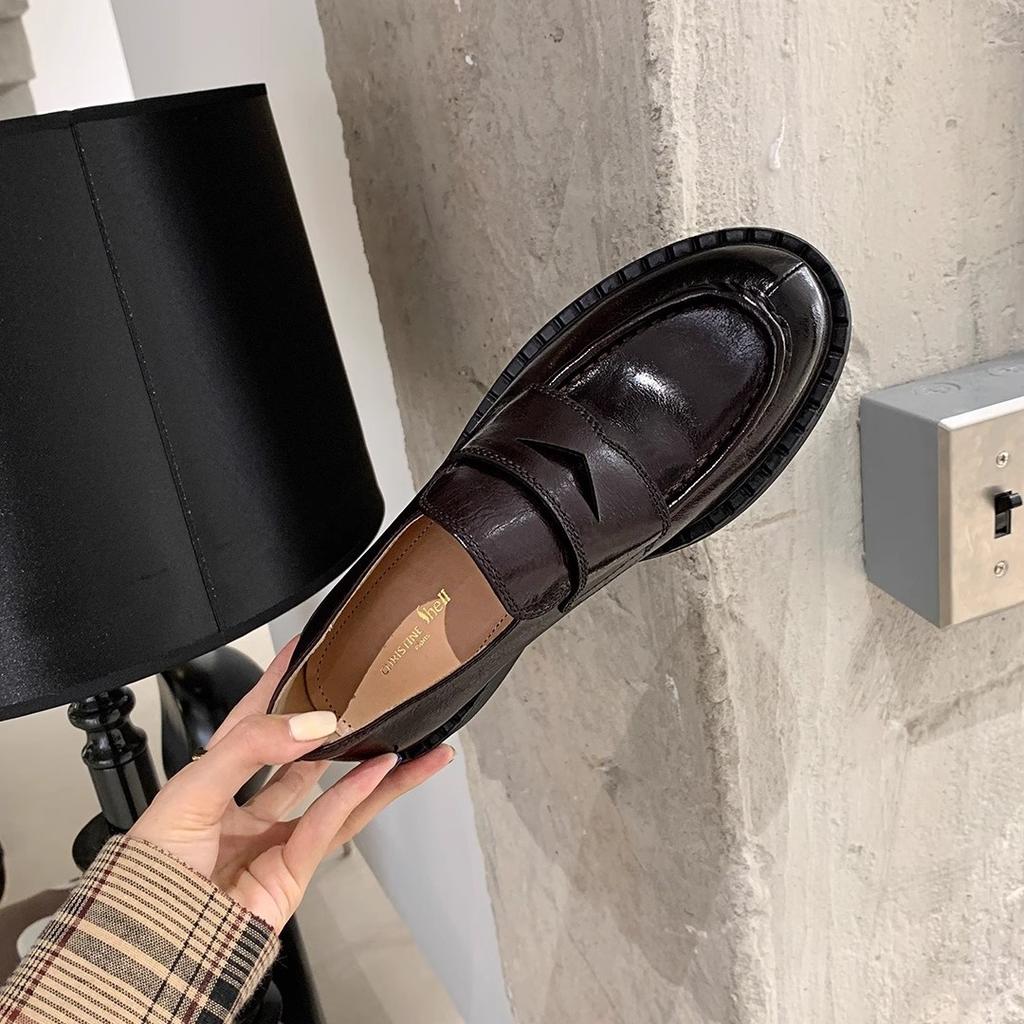 Cowhide Version~ Retro Thick-soled Thick Heel One-pedal Single Shoes Women's Small Leather Shoes