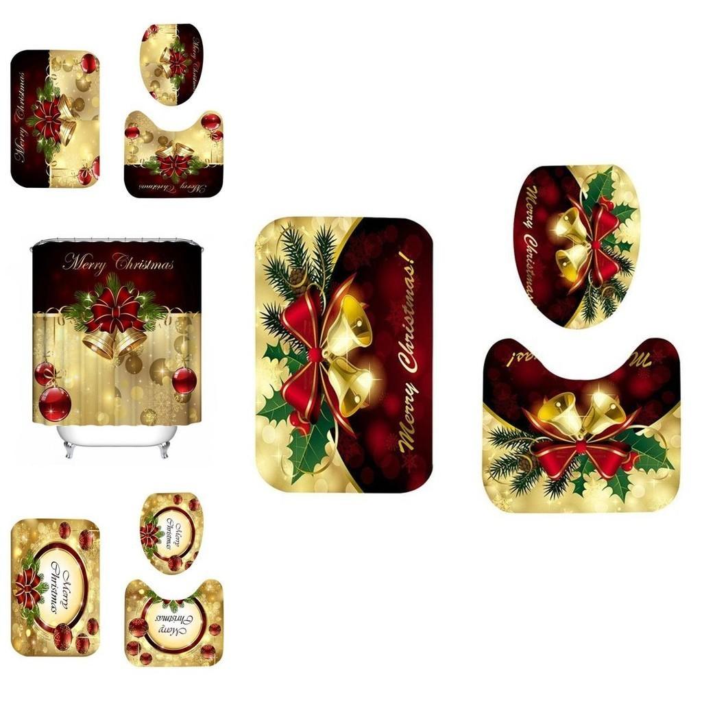 Festive Christmas Bathroom Set With Waterproof Shower Curtain And Non-slip Mats