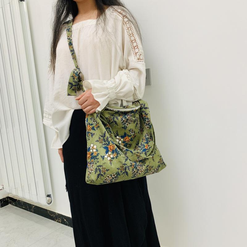 Fashion Retro Floral Print Bag Large-Capacity Corduroy Shoulder Bag Casual Small Fresh Canvas Crossbody Bag