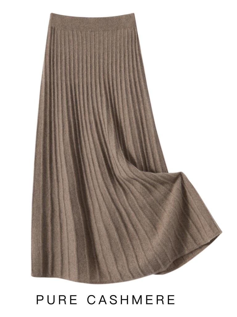 Women's Mid-Length A-Line Cashmere Knit Skirt - High-Waisted, Ribbed, Slimming, Pleated, Versatile.
