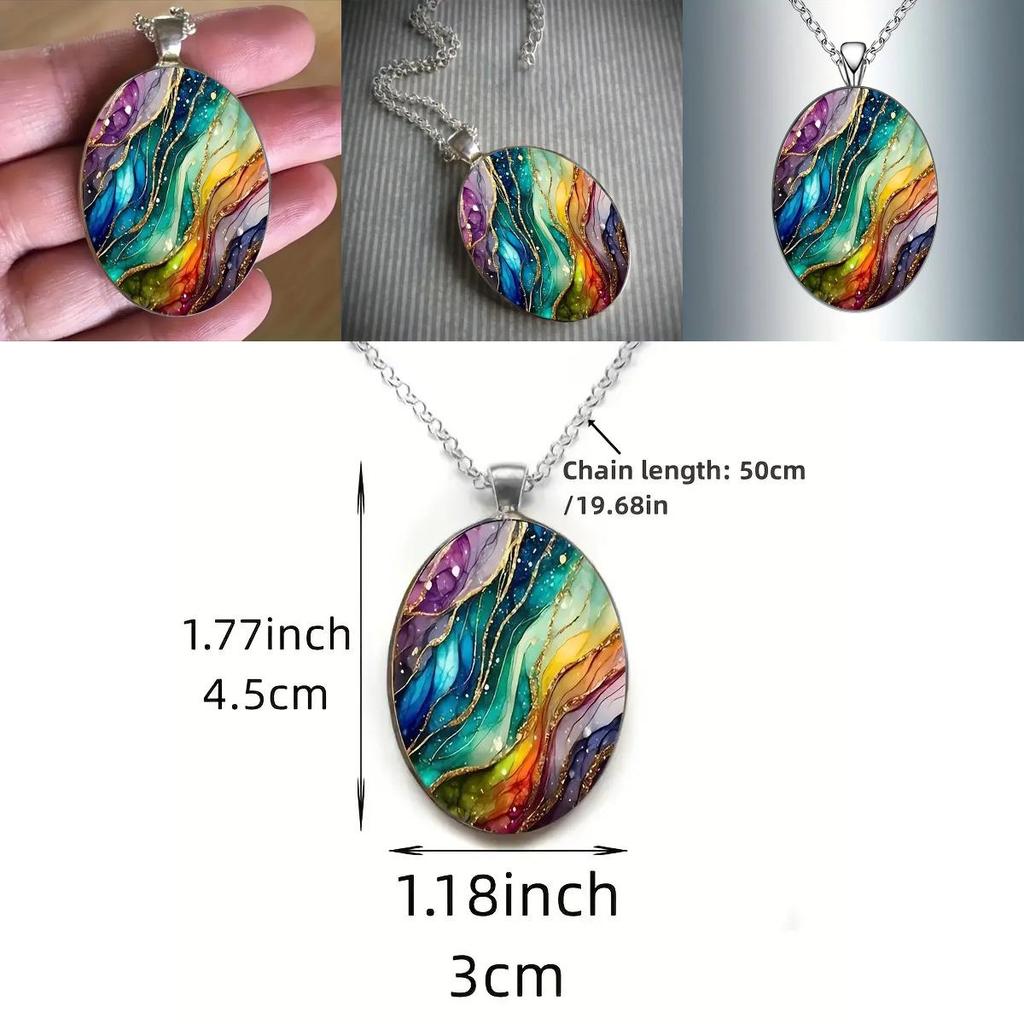 Fantasy Wave Pattern Glass Pendant Necklace With Chain For Fashion Enthusiasts