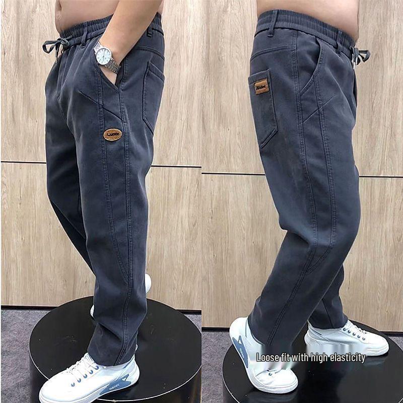 Men's Fleece-Lined High-Waist Stretch Jeans: Loose Fit, Straight-Leg, Versatile for Autumn and Winter