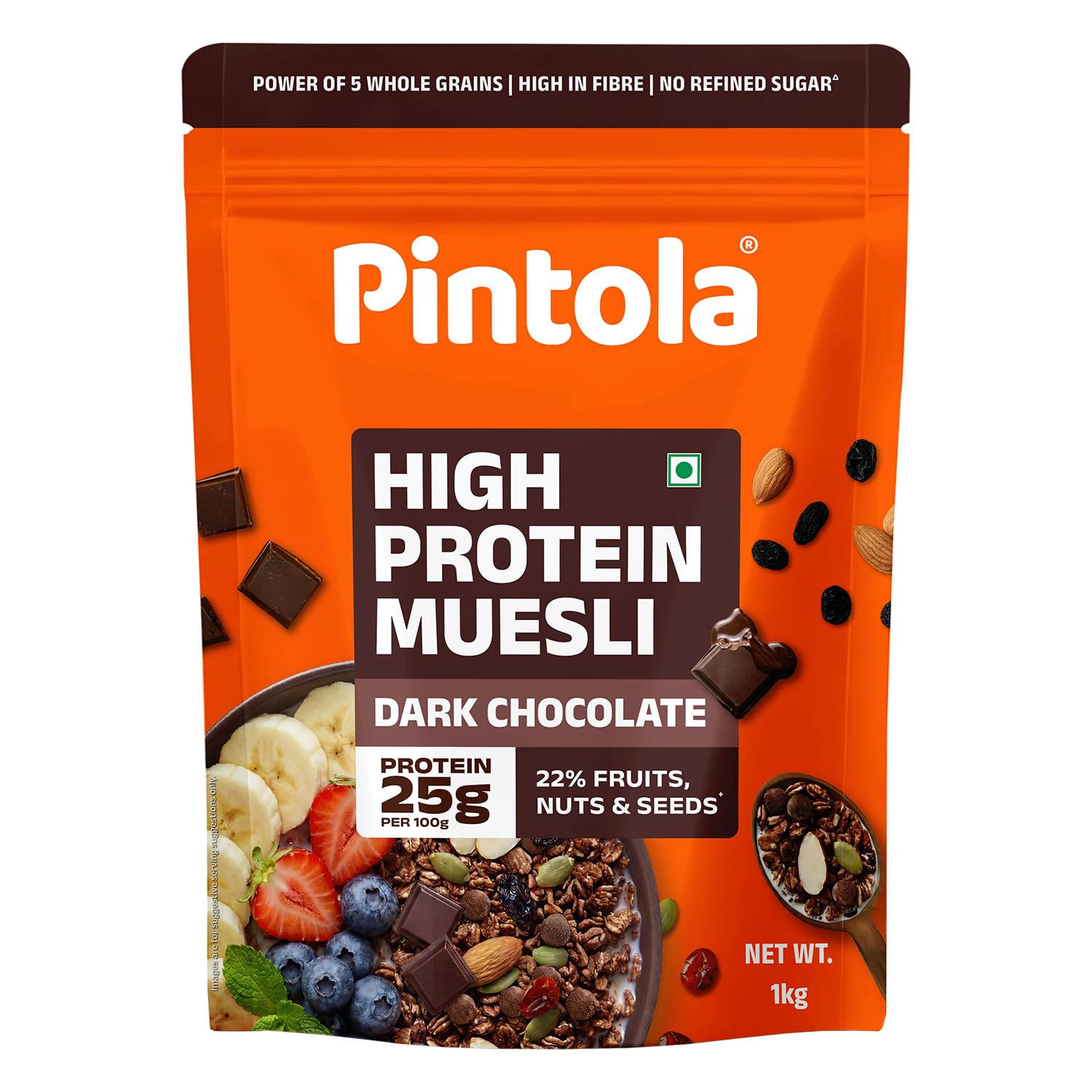 

Pintola High Protein Muesli Dark Chocolate & Cranberry 1kg, 25g Protein, High Fibre, Trans Fat Free with Brown Sugar, Real Fruits, Muesli for Break
