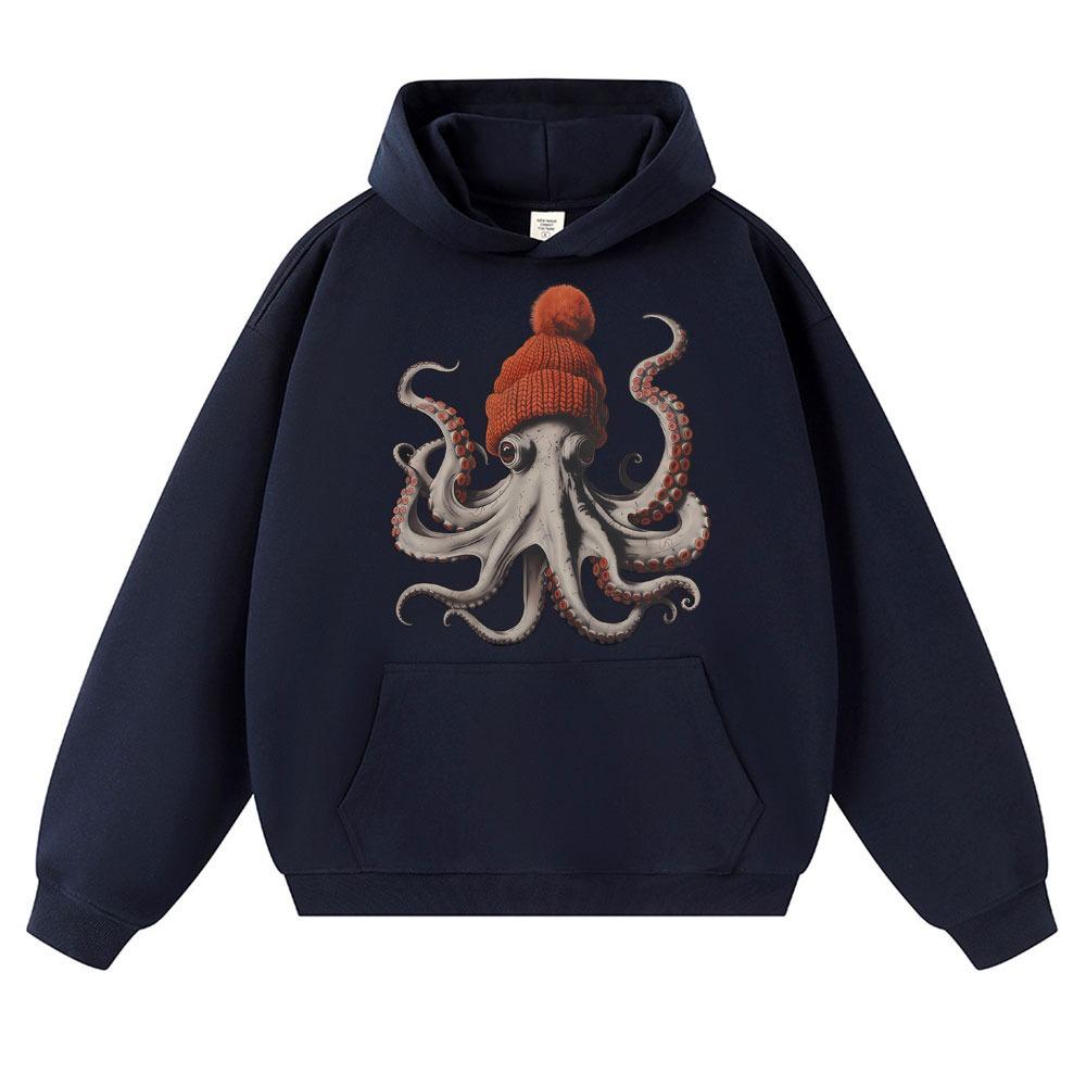 Bere Takmış Komik Ahtapot Grafik Kapüşonlu Sweatshirt Erkek Kadın Moda 90lar Vintage Uzun Kollu Oversize Polar Sweatshirt