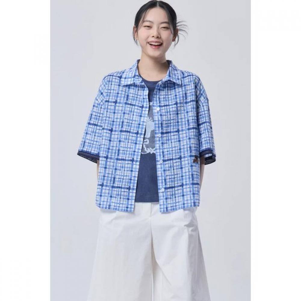 Benetton Check Short Sleeve Blouse Babl60631 BL (blue)/42