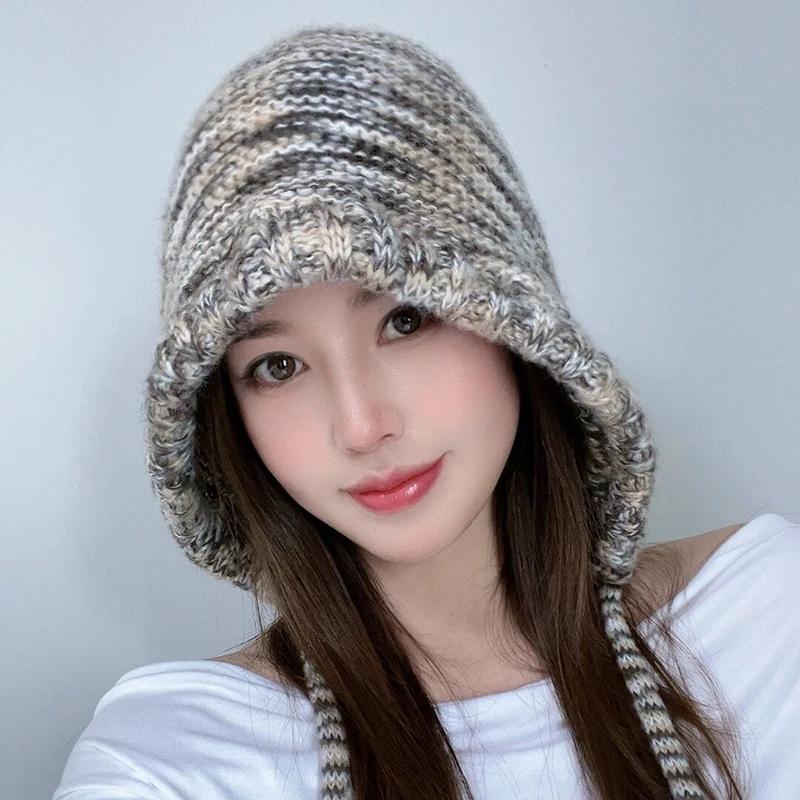 New Rainbow Striped Knitting Wool Beanie Hat Women Girl Winter Warm Crochet Ear Protection Cap Korean Ski Snow Windproof Bonnet