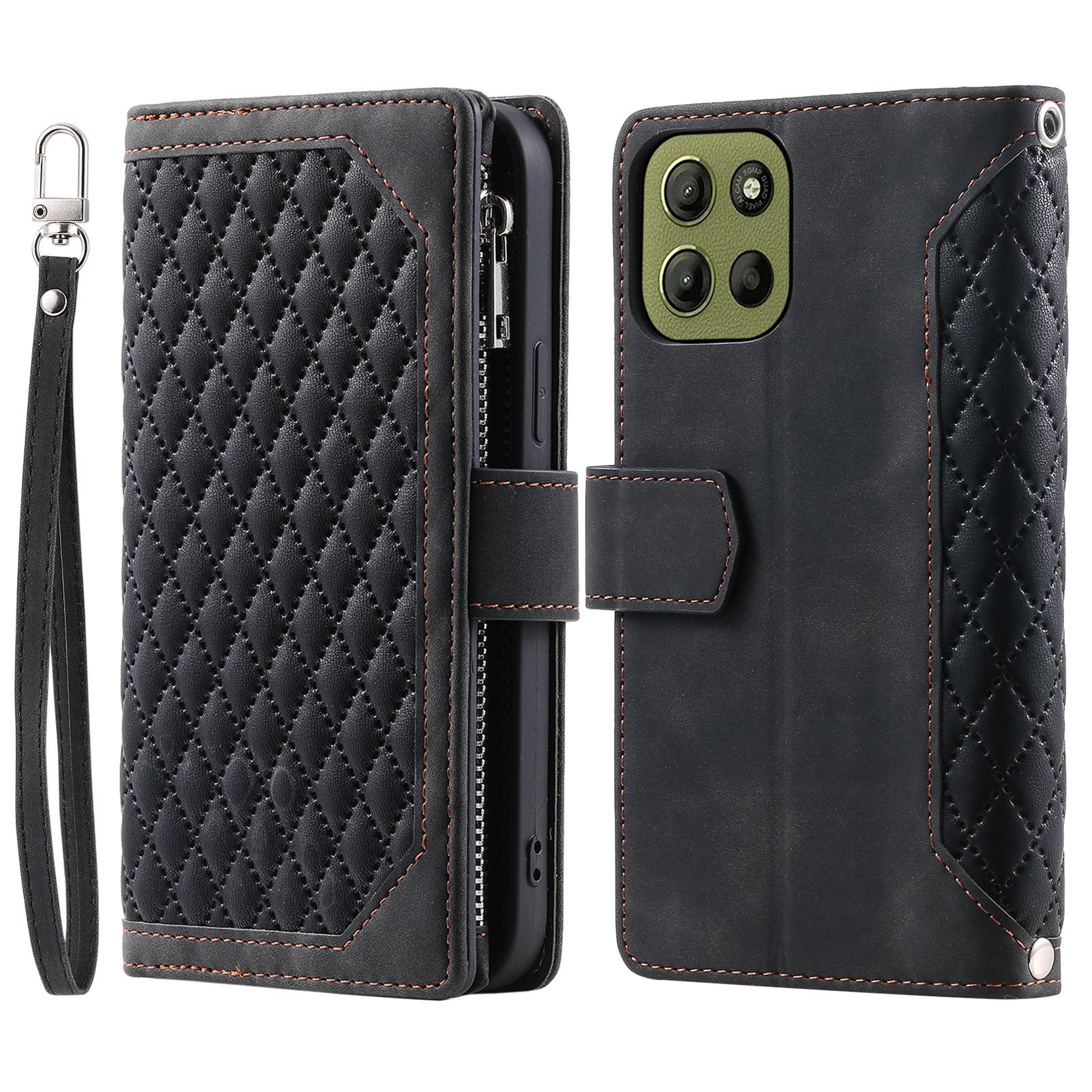 

For Motorola Moto G15 4G Wallet Case Rhombus Stitching Line PU Leather Phone Cover Black