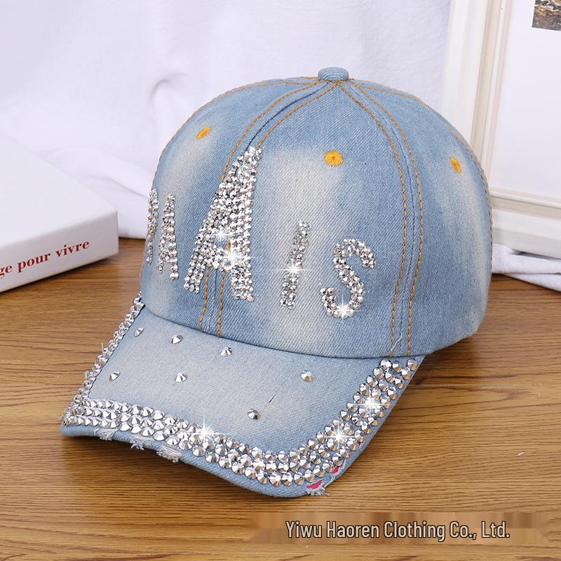 Damen Strass Denim Baseballkappe - Paris Schriftzug Sonnenhut