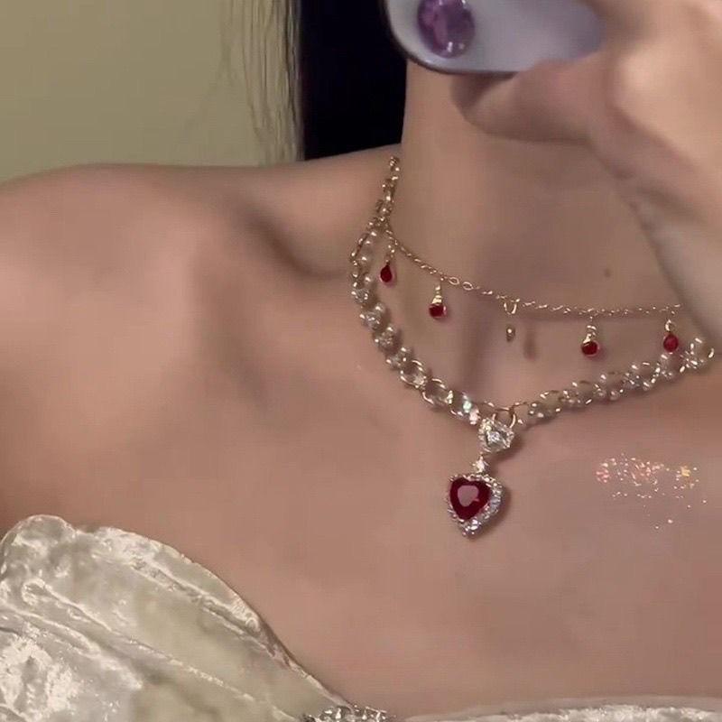 Double Layer Heart Pendant Necklace With Pearl Accents Alloy Chain Women Chic 4468