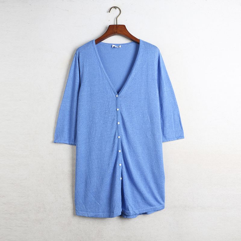 

Sunshine House Spring New Arrival Export European and American plus Size Women s Clothes Linen 3/4 Sleeve Knitwear Cardigan Outer Wear Sun Protection Blue Bust size 96-100