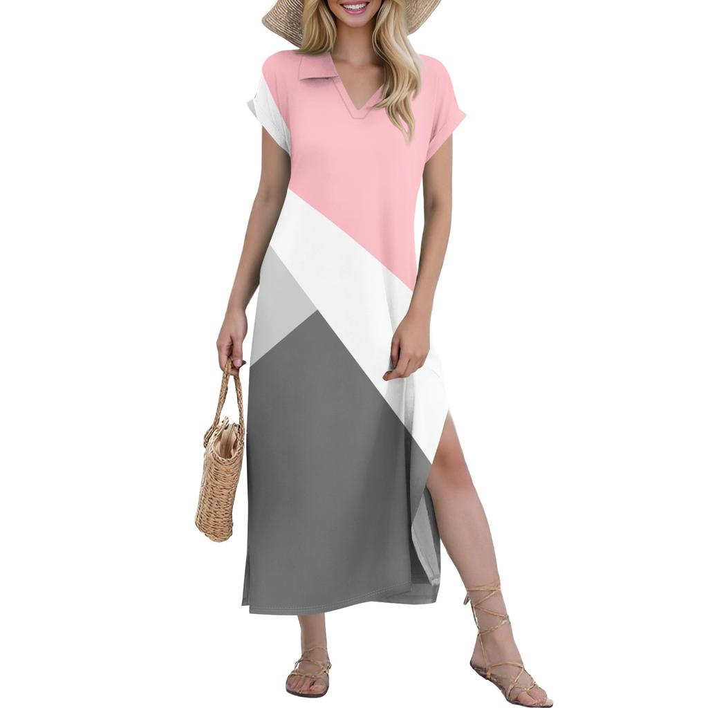 Women's Casual Comfortable V Neck Loose Hem Split Vacation Short Sleeve Geometric Long Dresses