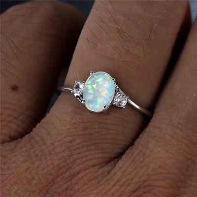 Cute Female Geometric White Pink Fire Opal Ring Small Oval Stone Fashion  Color Wedding Jewelry For Women