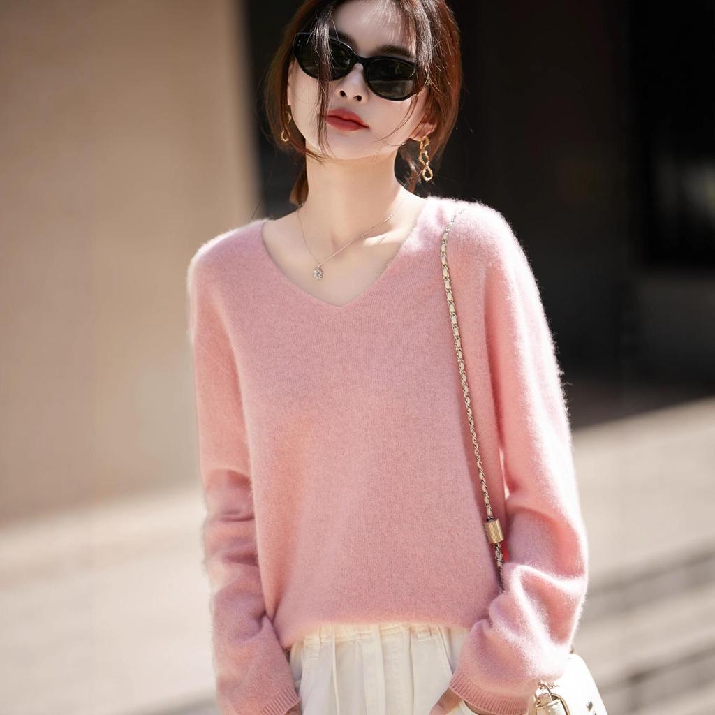 Women's V-neck Cashmere Wool Blend Long Sleeve Knit Pullover Sweater