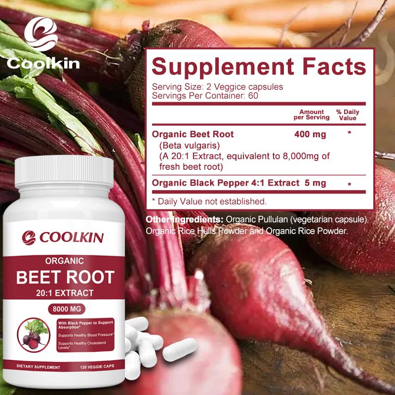 COOLKIN Organic Beetroot 20:1 Extract, equivalent to 8000 mg of fresh beetroot, aids digestion and lowers cholesterol.