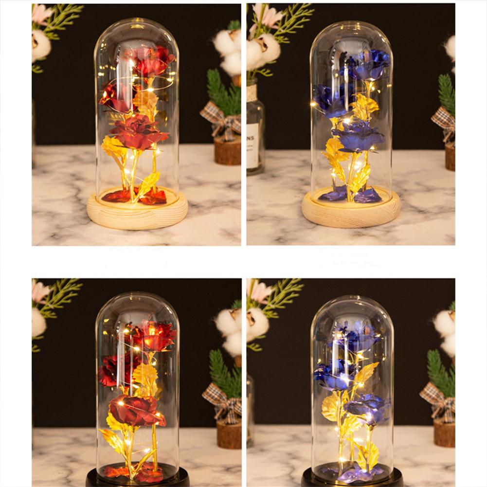 Colored Roses Ornaments 3 Flowers Glass-covered Gold-leaf Artifical Roses Luminous Led Night Light Creative Valentine Day Gifts