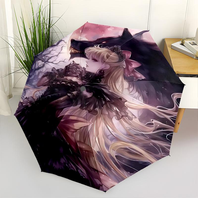 

1pc Fantasy Wolf Head Design Automatic Opening/Closing Umbrella with Elegant Victorian Dress Print, Perfect for Fans, Travelers, Daily Use, Outdo