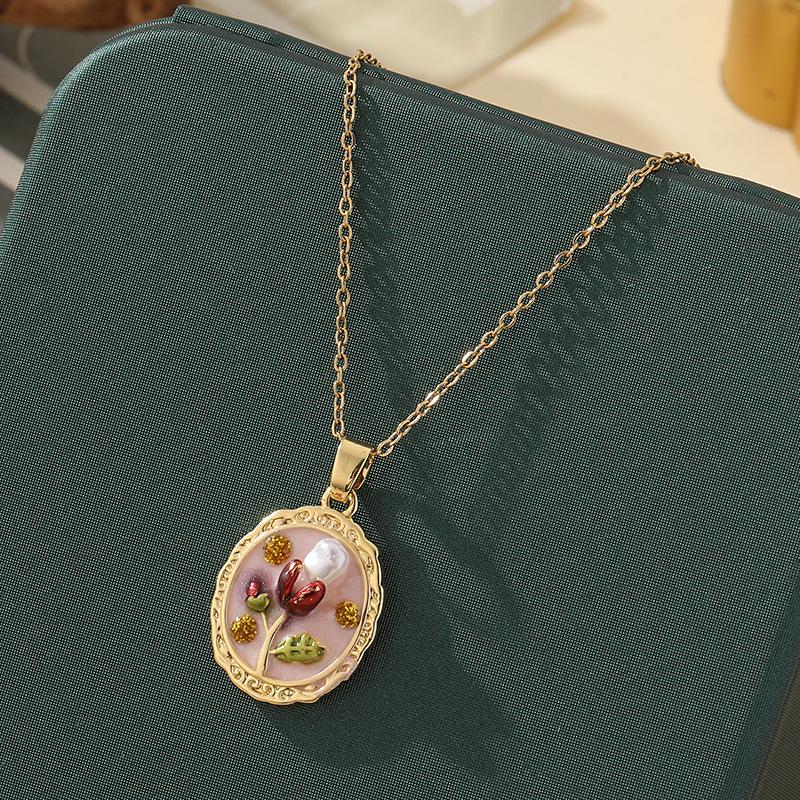 Monet-Inspired Flower Pendant Necklace, Hand-Painted, High-End Stainless Steel Clavicle Chain, New Chinese Style