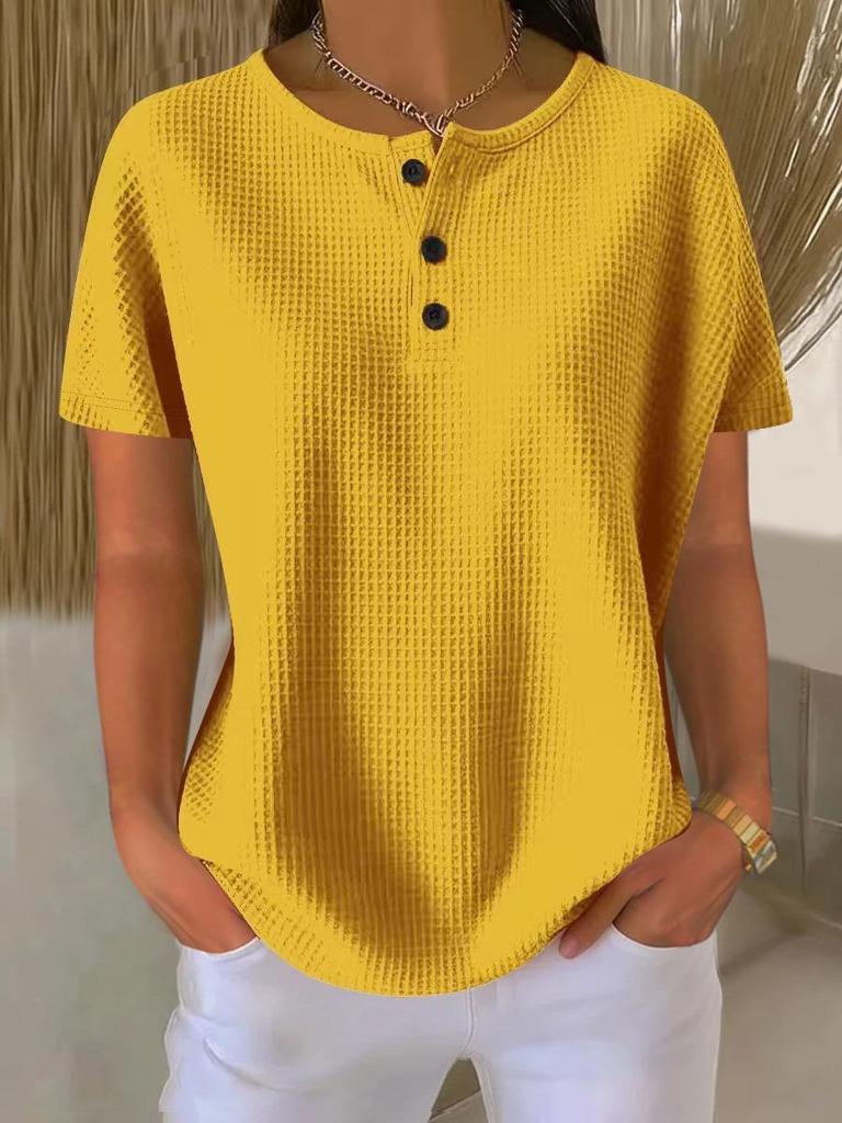 2026 Summer Solid Color Waffle Knit Round Neck Short Sleeve Top