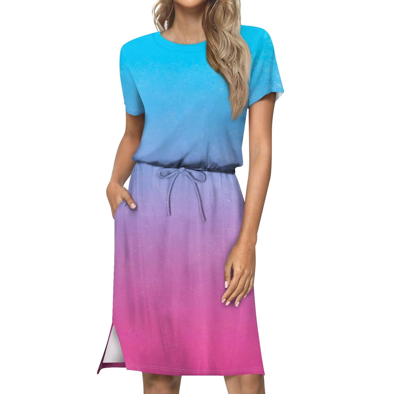 Женское свободное свободное повседневное платье с круглым вырезом и короткими рукавами — фото 12