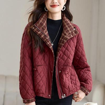Fashionable Loose Fit Autumn Winter Stand Collar Diamond Grid Thin Cotton Coat, Middle-aged and Elderly Cotton Jacket