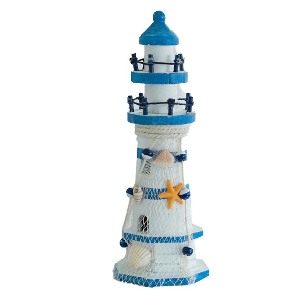 

Mediterranean Coastal Theme Wooden Lighthouse Ornament Handcrafted for Home Decor for Desktops and Shelf Display