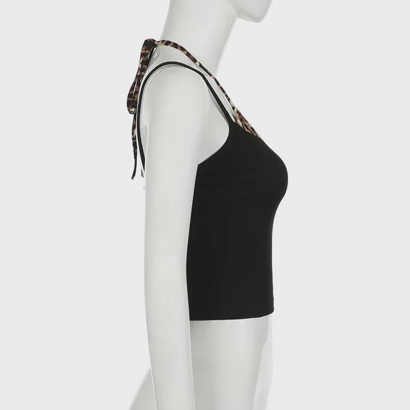 Wild Leopard Print Patchwork Crop Top - American Retro Color Block Camisole