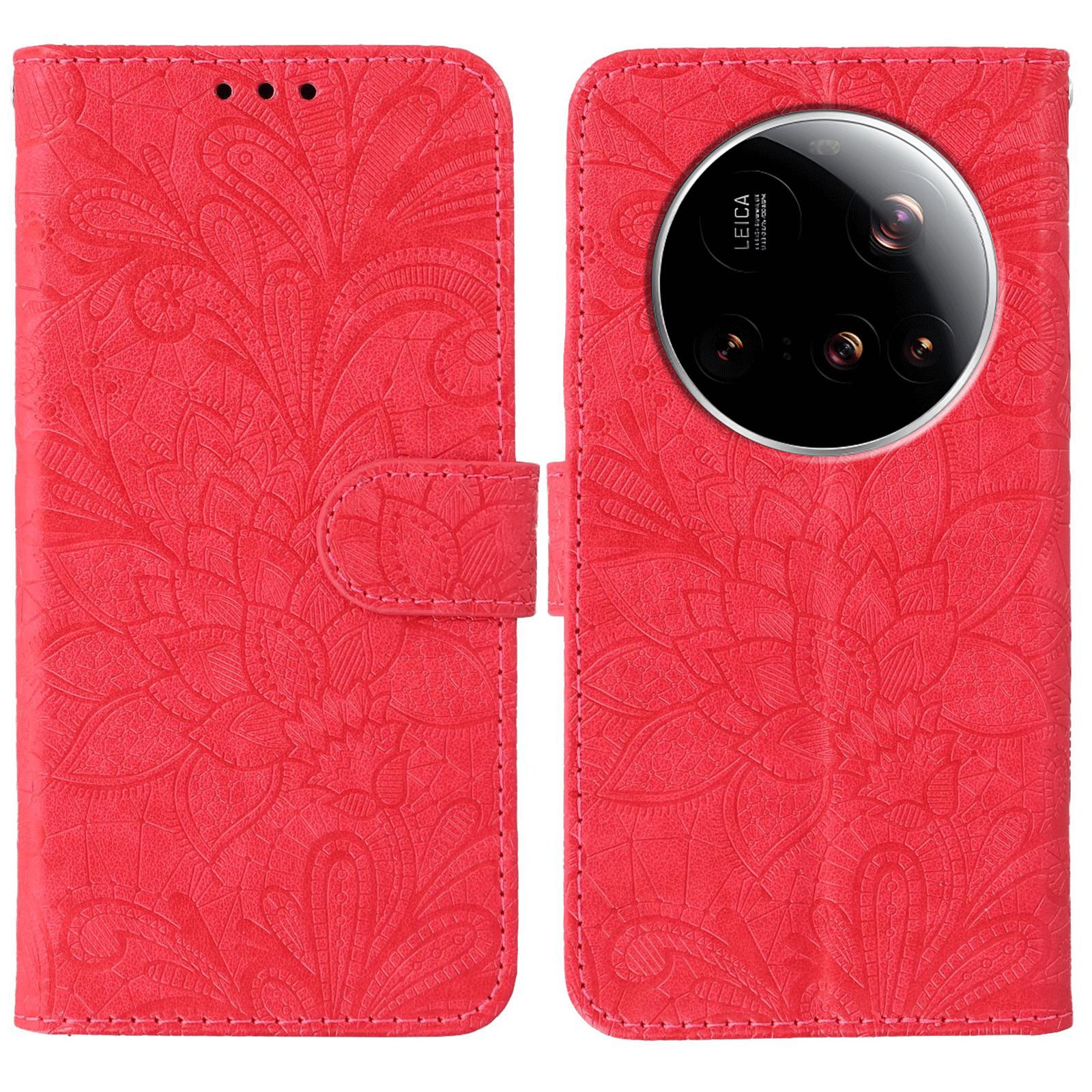 

For Xiaomi 15 Ultra Case Lace Flowers PU Leather Flip Wallet Phone Cover Red