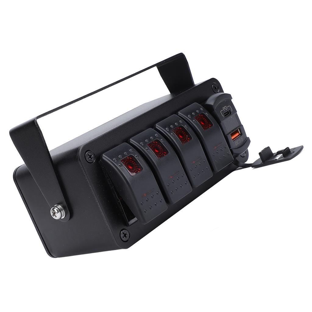 4 Gang Rocker Switch Panel with PD Type C QC3.0 USB Charger Waterproof Universal Fit for Car Truck Boat RV UTV ATV Red