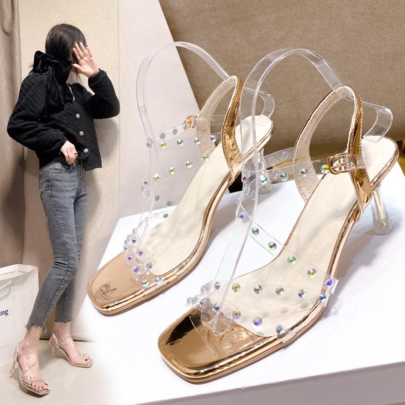 Fashion Women's Thin-heeled Sandals 2025 Summer New High-heeled Women's Sandals Champagne Color French Rhinestone Sandals for Women