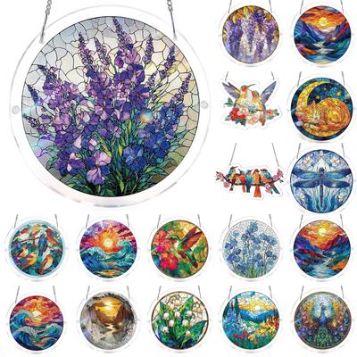 Hummingbird Floral Stained Glass Style Hanging Ornament Acrylic Panel Decorative Window Art for Home Office Indoor Outdoor Display