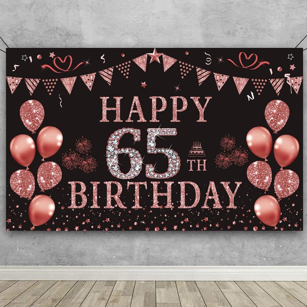 Trgowaul 65th Birthday Decorations for Women 65 year old Rose Gold Birthday Backdrop Banner 5.9 X 3.6 Fts Happy Birthday Party Suppiles Photography