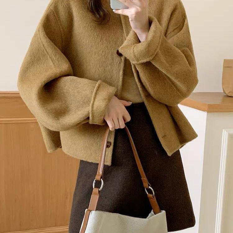 Korean Style Women's Double-Faced Wool Coat: 2024 Winter Loose Fit, Round Neck, Little Fragrant Style