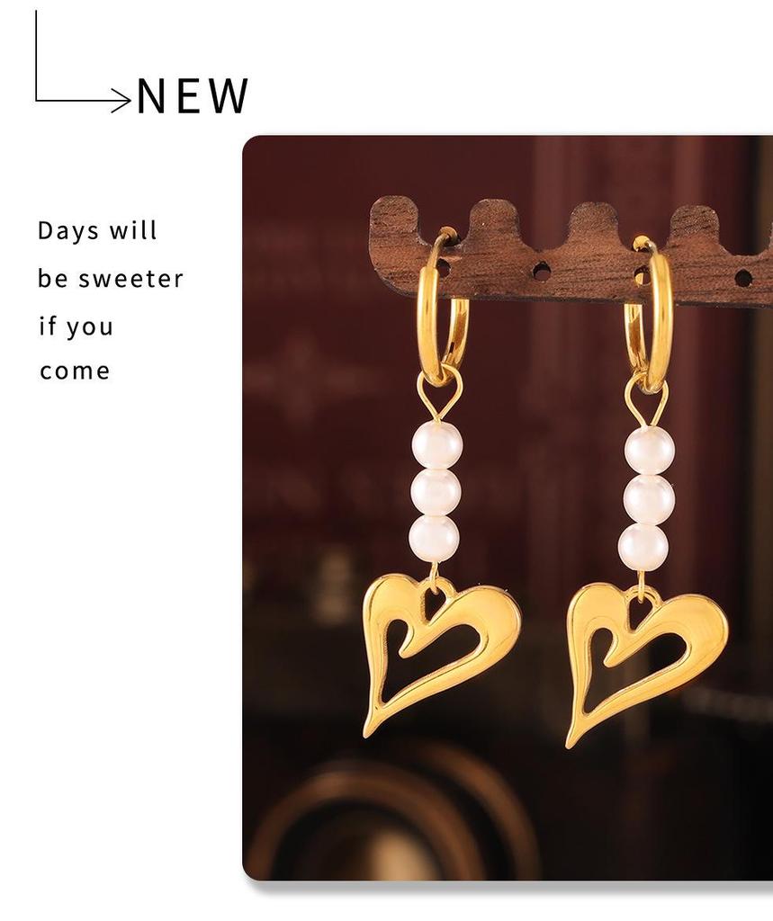 Titanium Steel 18k Gold Plated Heart Earrings with Cross Tassel and Imitation Pearl