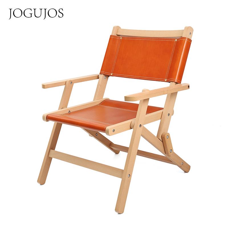 Portable Folding Chair: Genuine Italian Vegetable-Tanned Leather with Solid Wood for Camping and Fishing