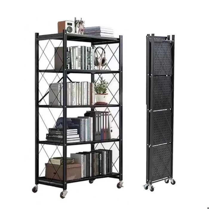Bibliothèque - Étagère De Rangement Pliable À 5 Étages En Métal Avec Roulettes - 100 Kg - Pour Cuisine, Salle De Bain, Salon
