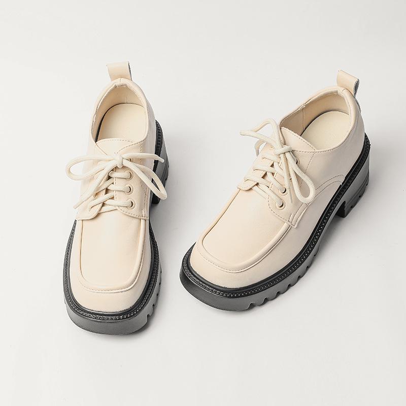 Women's 8cm Height-Increasing Leather Loafers - Chunky Heel, Lace-Up, Square Toe, Spring/Autumn Style