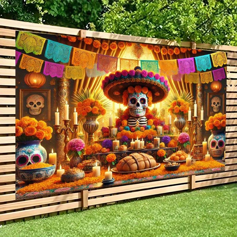1 Day of the Dead Background Banner - Bright Sugar Skull Altar Design, Durable Polyester, Home Decoration