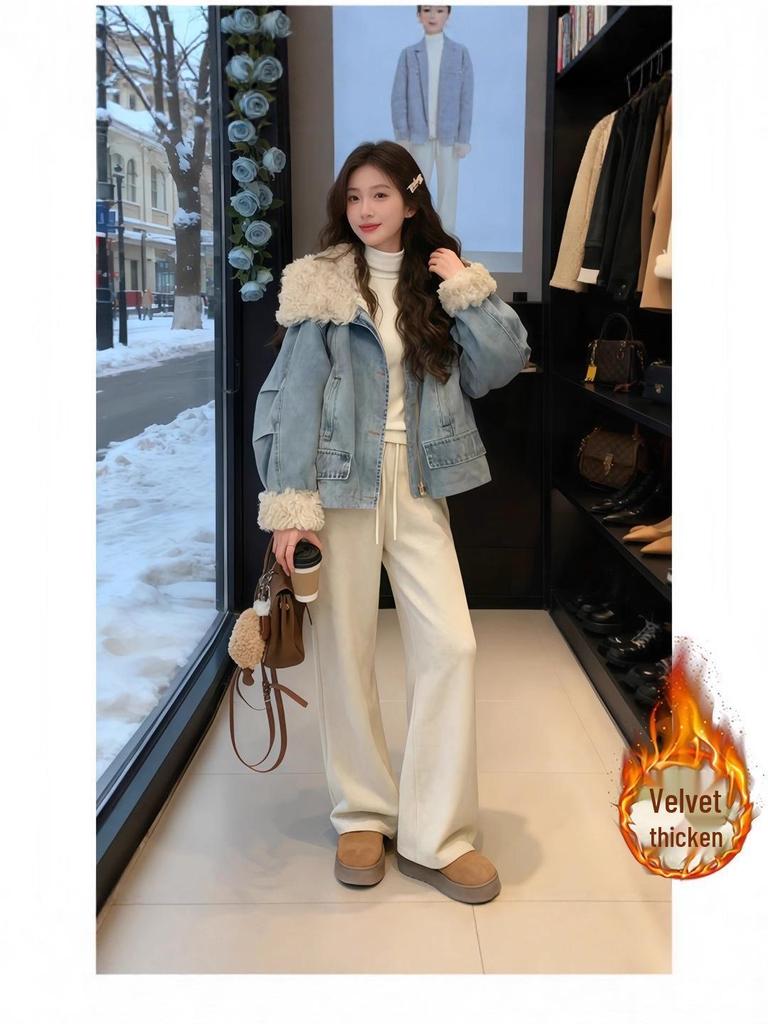 Winter 2025 Damen High-End Jeans Kurzjacke mit Revers und Fleece-Futter - Vielseitige und Warme Oberbekleidung