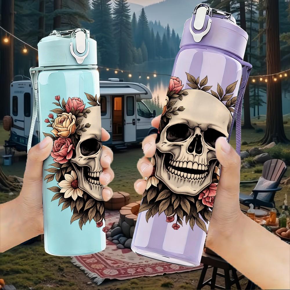 1PC Wreath Skull Flower 750ml Color Plastic Sports Water Bottle Leakproof Flip Straw Lid Suitable for Sports Office Home Use