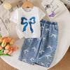 Girls' Fashion Set - Summer Children's Casual White Ribbon-Printed T-Shirt + Washed Denim Pants Set