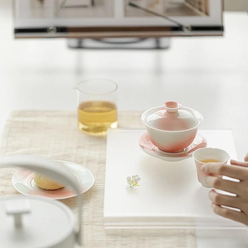 130ml Grapefruit Jasmine Ceramic Sancai Gaiwan Aesthetic Gradual Color Tea Tureen Tea Maker Cover Bowl Tea Ceremony Decoration