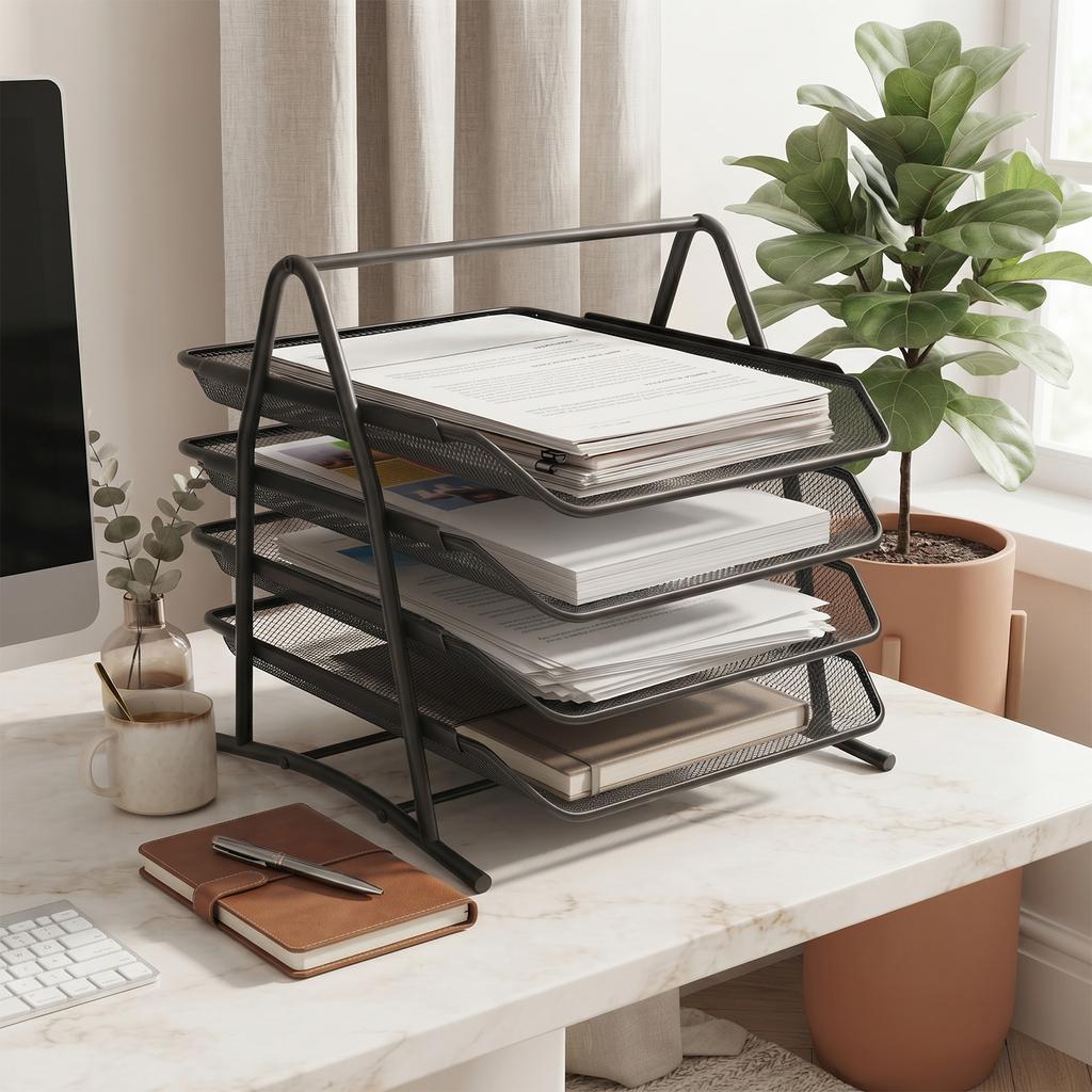 4-Tier Mesh Letter Tray Mesh Desk Organiser for Home and Office, Metal Filing Trays Holder, Document Paper Wire Mesh Storage Organiser, Black
