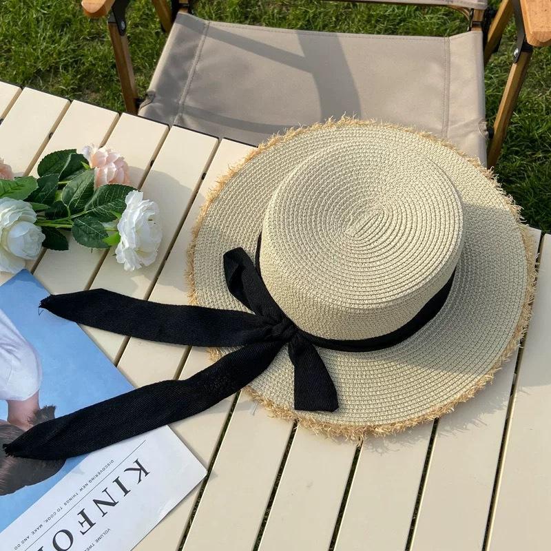 Flat-top straw hat women's straw top hat, new summer big-brimmed sun hat, seaside vacation sun hat