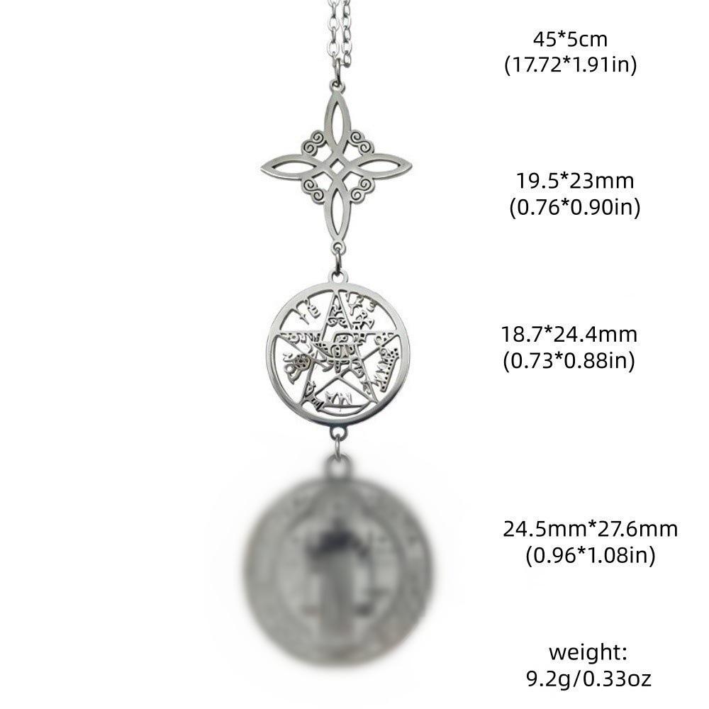 Stainless Steel Saint Benedict & Witch Knot Double-Sided Pendant Necklace