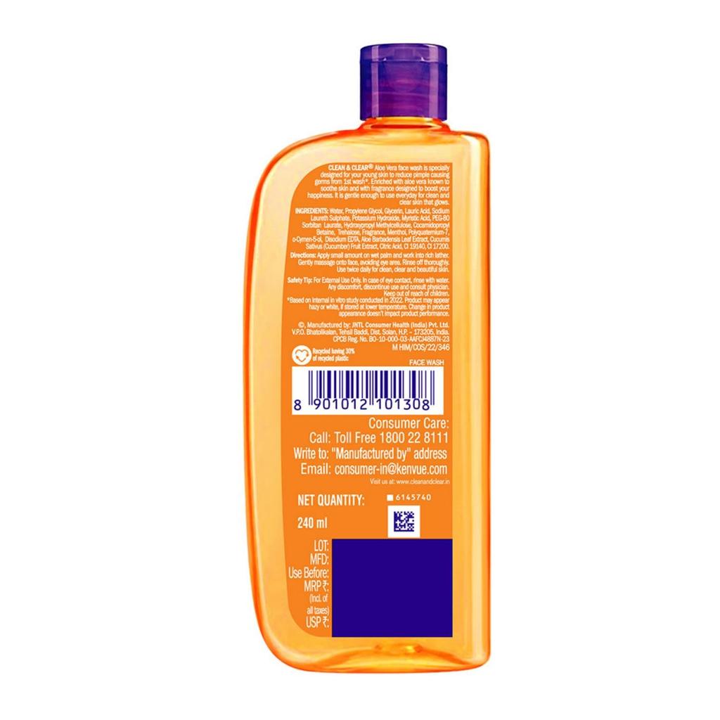 Clean & Clear Aloe Vera Face Wash 240ml Pack Of 1 Gentle Daily Skin Care For Clear Glowing Face