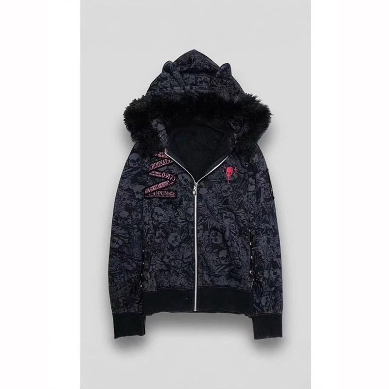 Goth Y2k Hoodies Jackets Women Vintage Harajuku Coat Aesthetic Fur Patchwork Hooded Jacket Zipper Coat